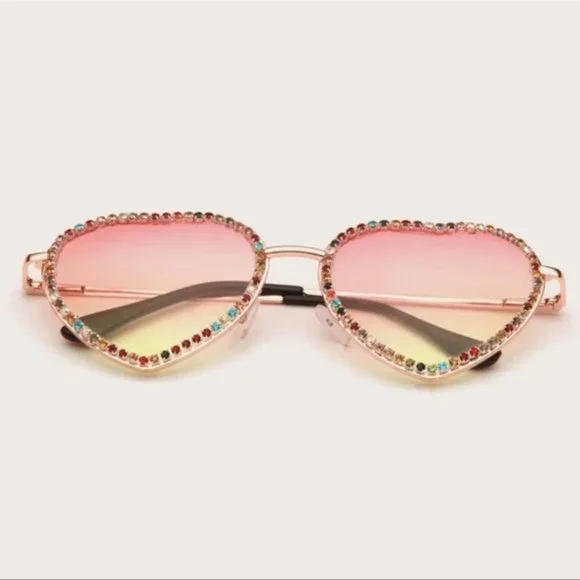 Heart Shaped Sunglasses Ombre Crystal Rhinestone Glasses Pink Yellow Nwt - Picture 4 of 4